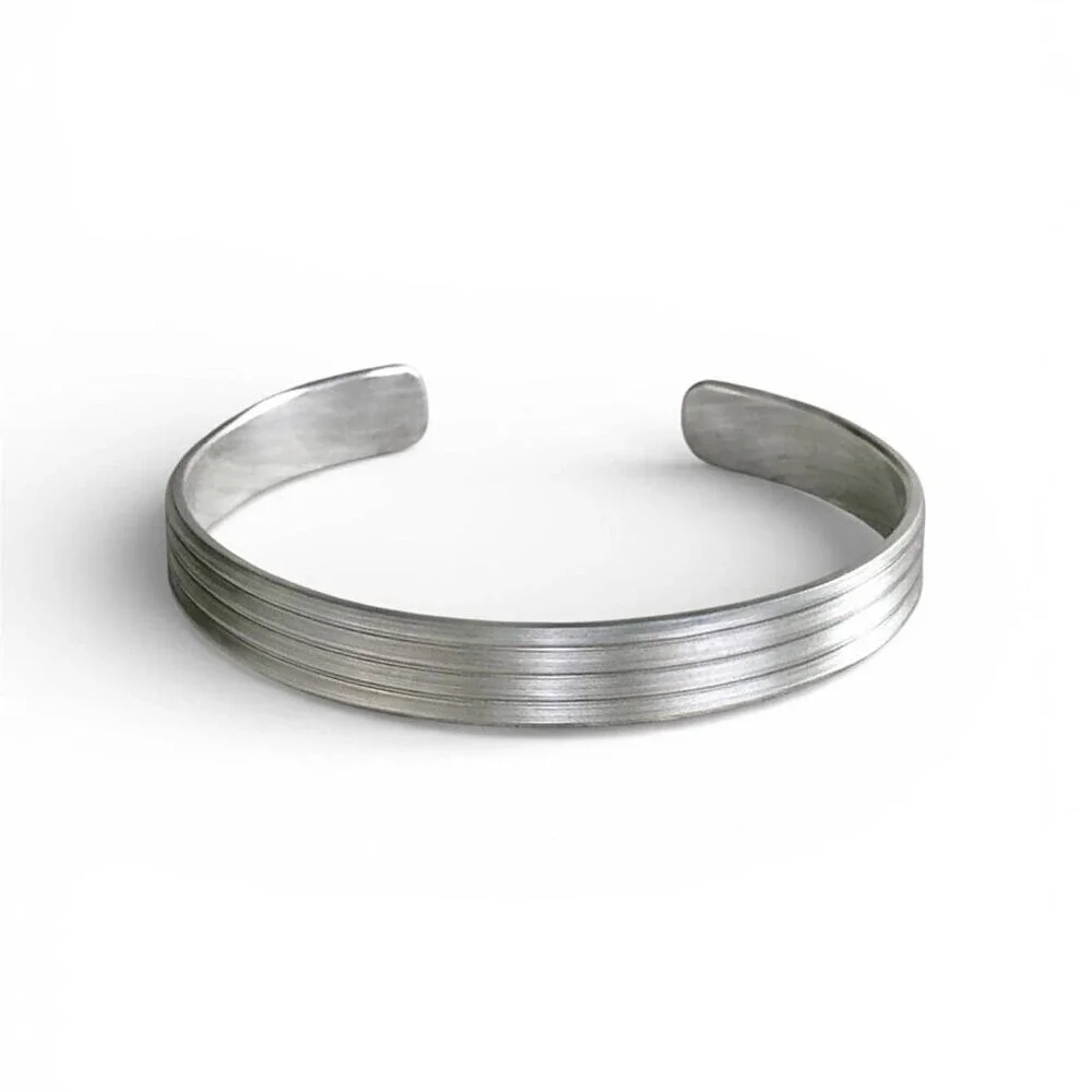 Brushed sterling silver linear pinstripe open cuff bangle bracelet